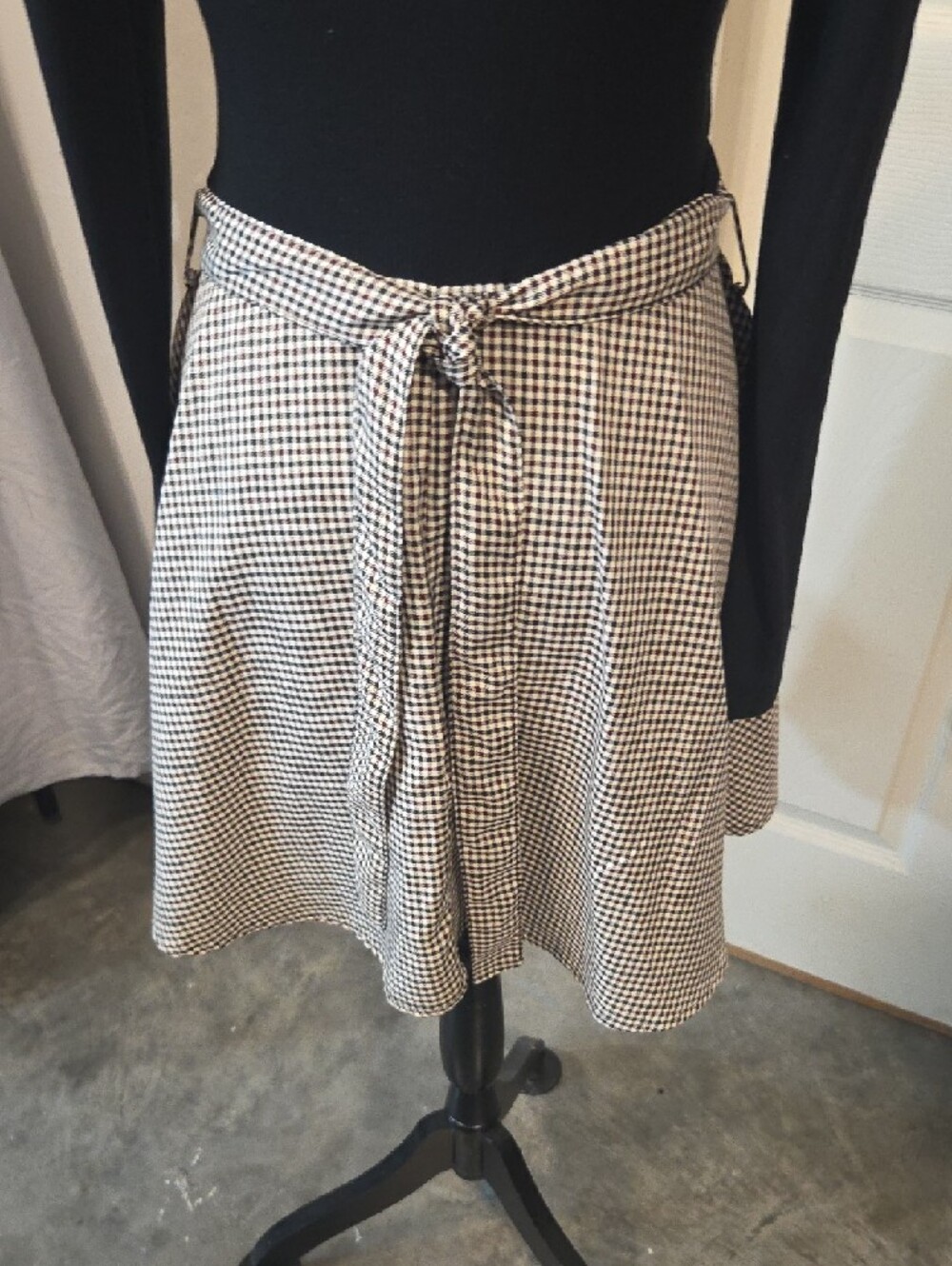 Black & White Gingham Circle Skirt Skater Dress Mini Jersey Bodice Long Sleeve - Picture 7 of 13